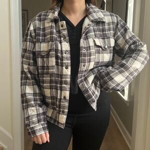 Lucky Brand Brown Plaid Flannel Shacket L Sherpa Lining